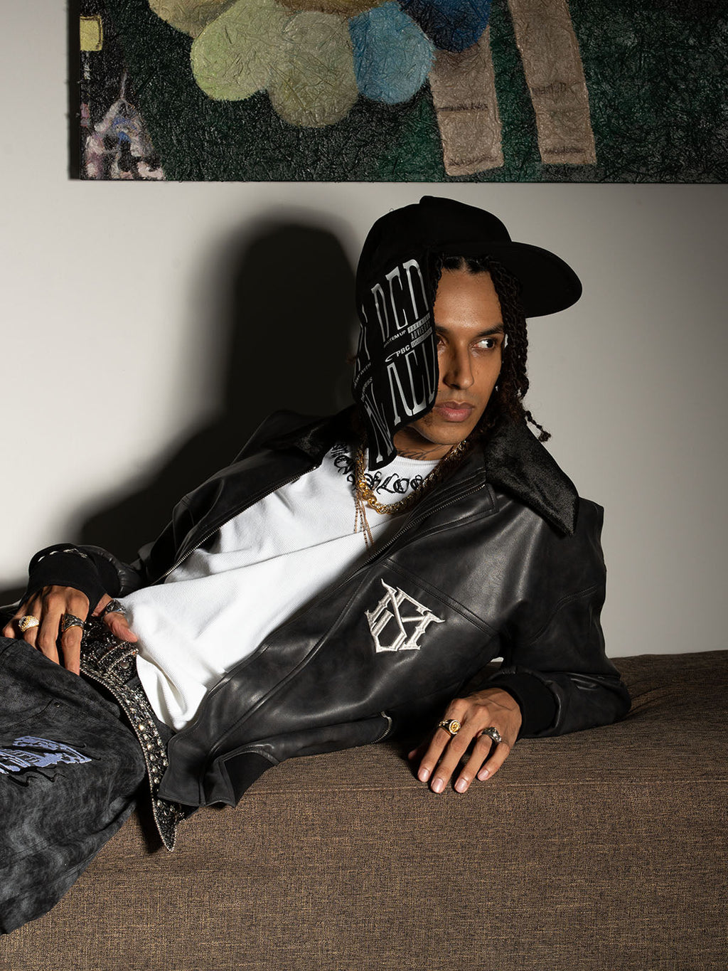 SUPM Fur Collar Rhinestone Pattern Leather Jacket