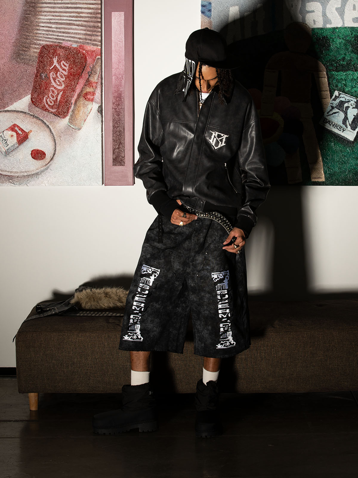 SUPM Fur Collar Rhinestone Pattern Leather Jacket