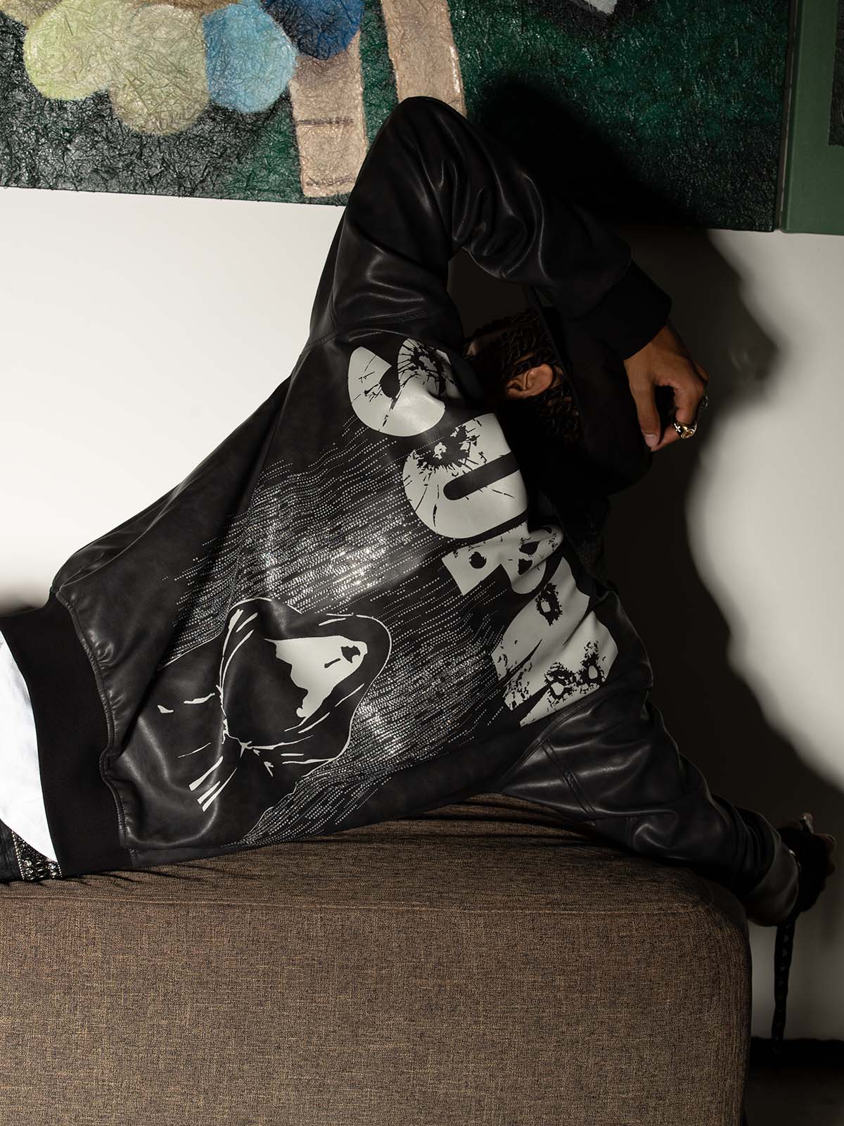 SUPM Fur Collar Rhinestone Pattern Leather Jacket