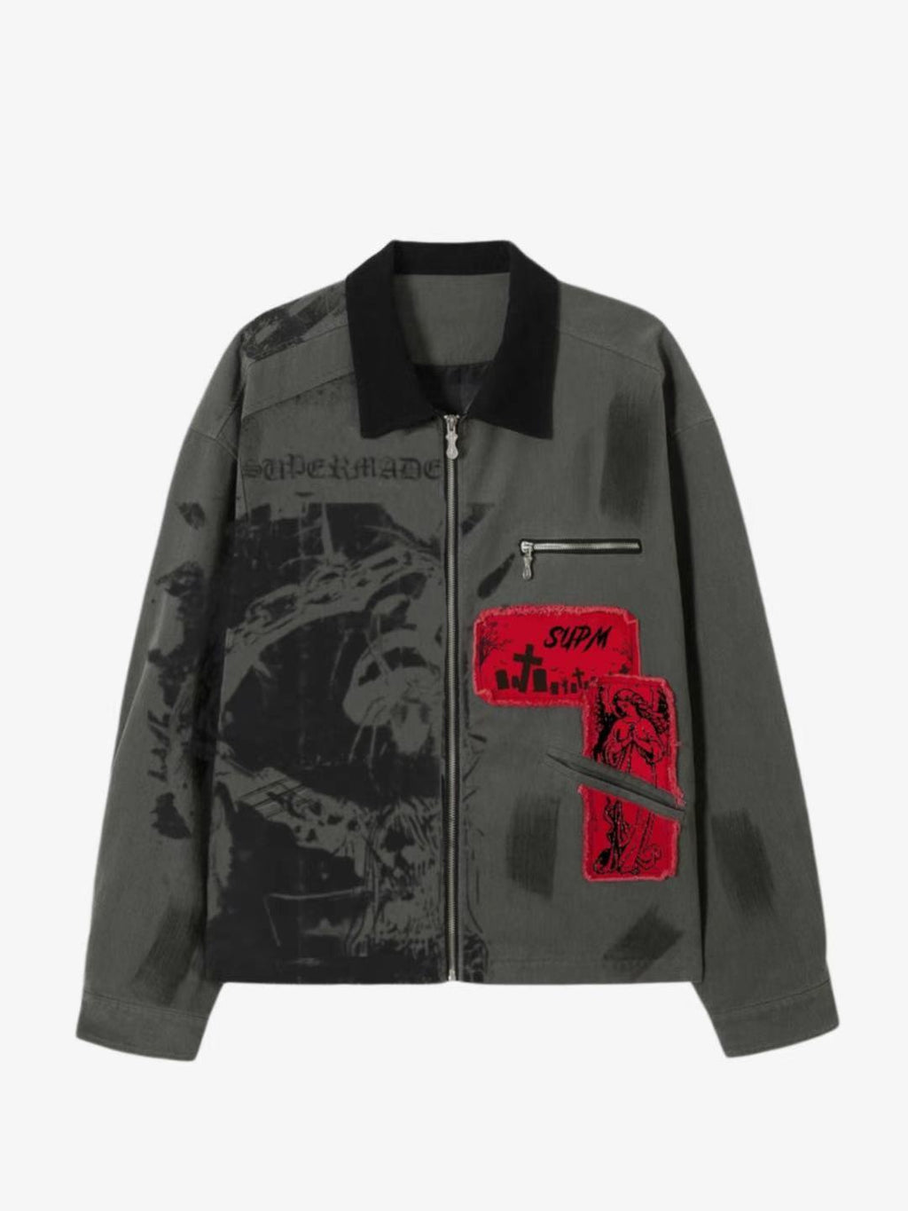 Retro Patchwork And Graphic Print Gothic Zipper Jacket