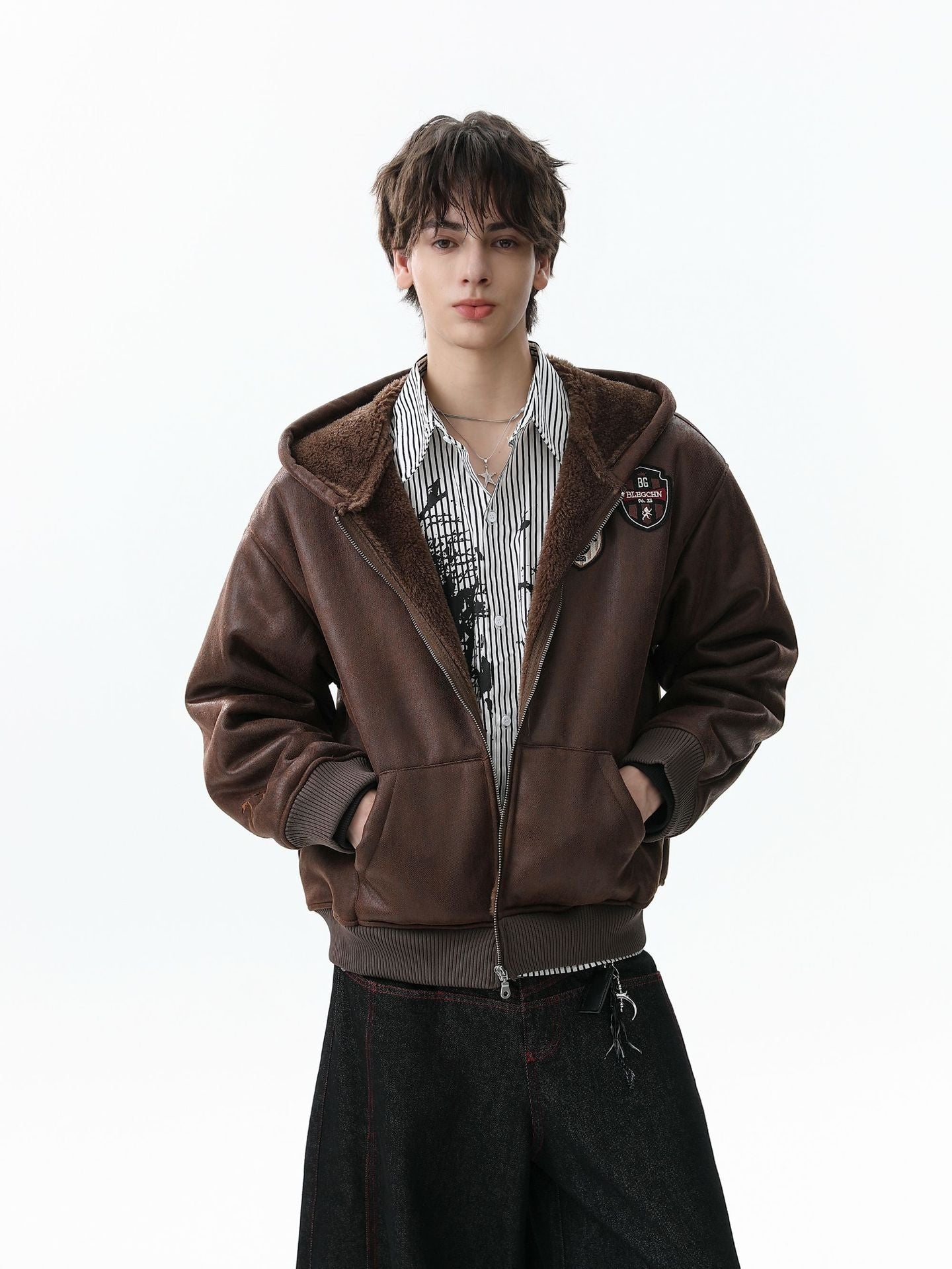 Vintage Leather Badge Fleece-lined Hooded Zip Bomber Jacket - 2547