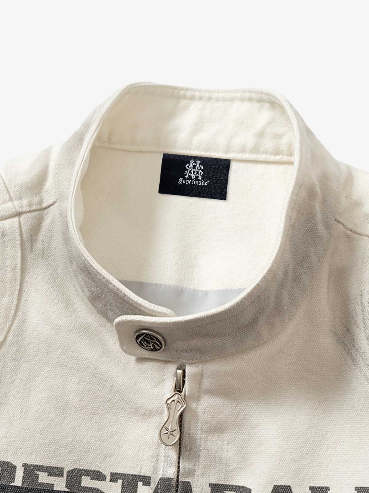 Skull Print Paneled Stand-Up Collar Leather Jacket