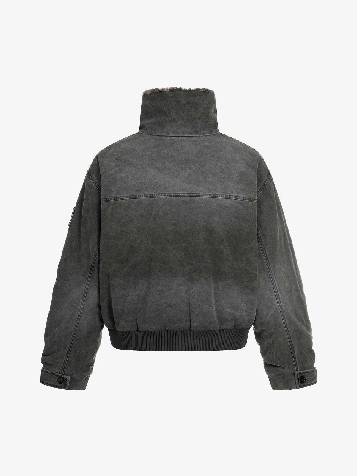 Vintage Distressed Pleated Shearling Collar Fleece Jacket