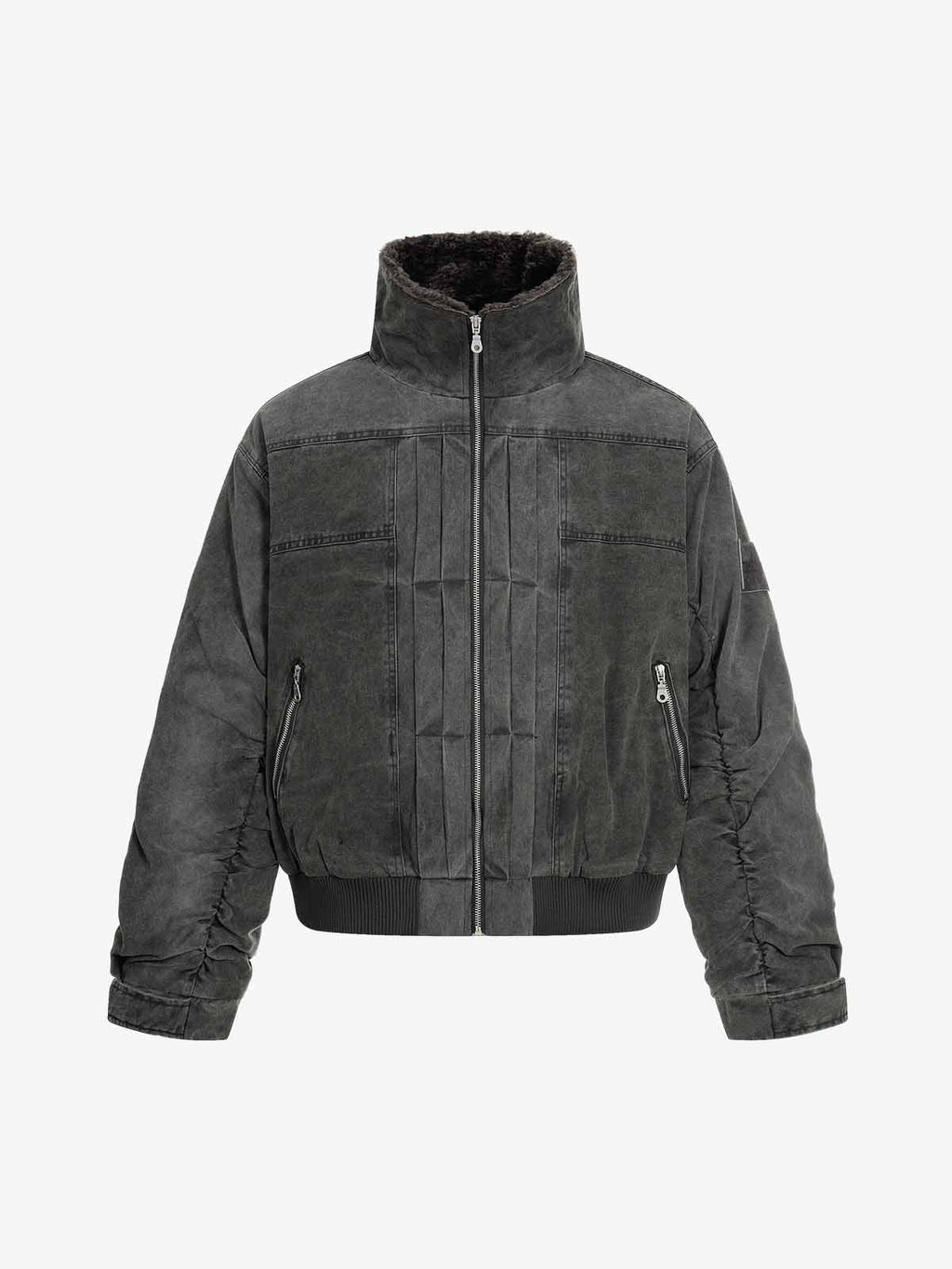 Vintage Distressed Pleated Shearling Collar Fleece Jacket