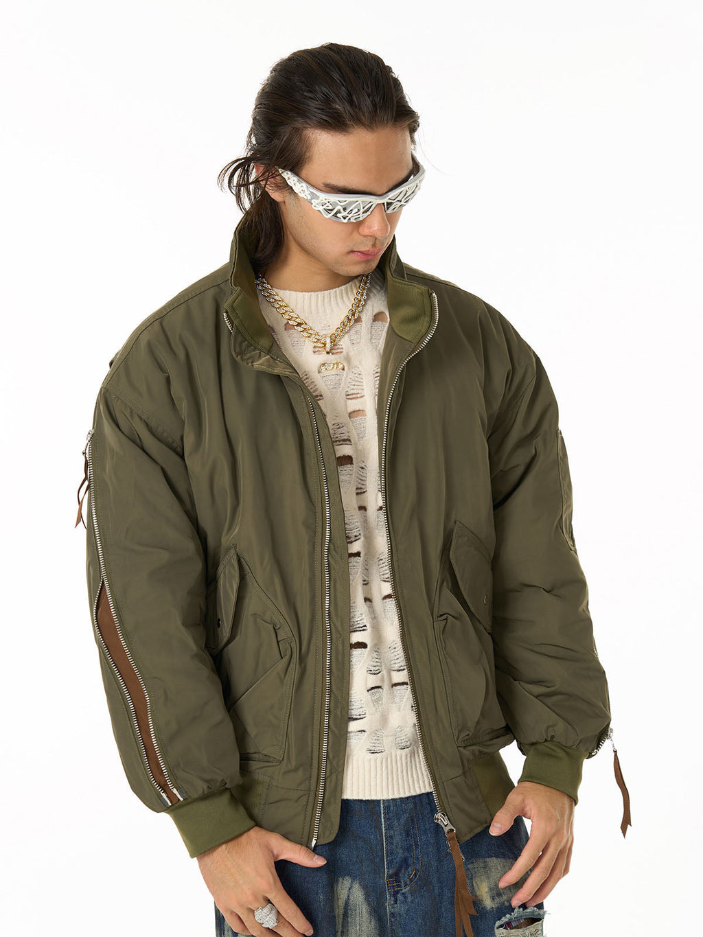 Retro Street Hip-Hop Zipper Design Bomber Jacket