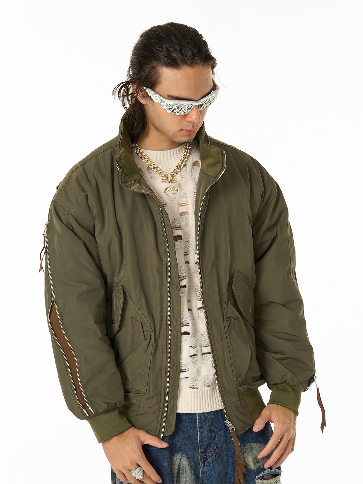 Retro Street Hip-Hop Zipper Design Bomber Jacket