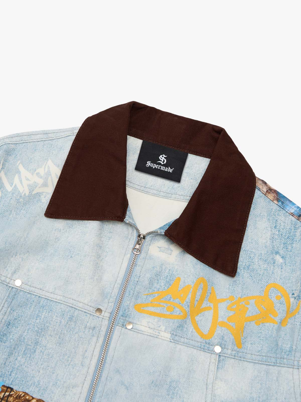 Artistic Patches Graphic  Distressed Denim Jacket