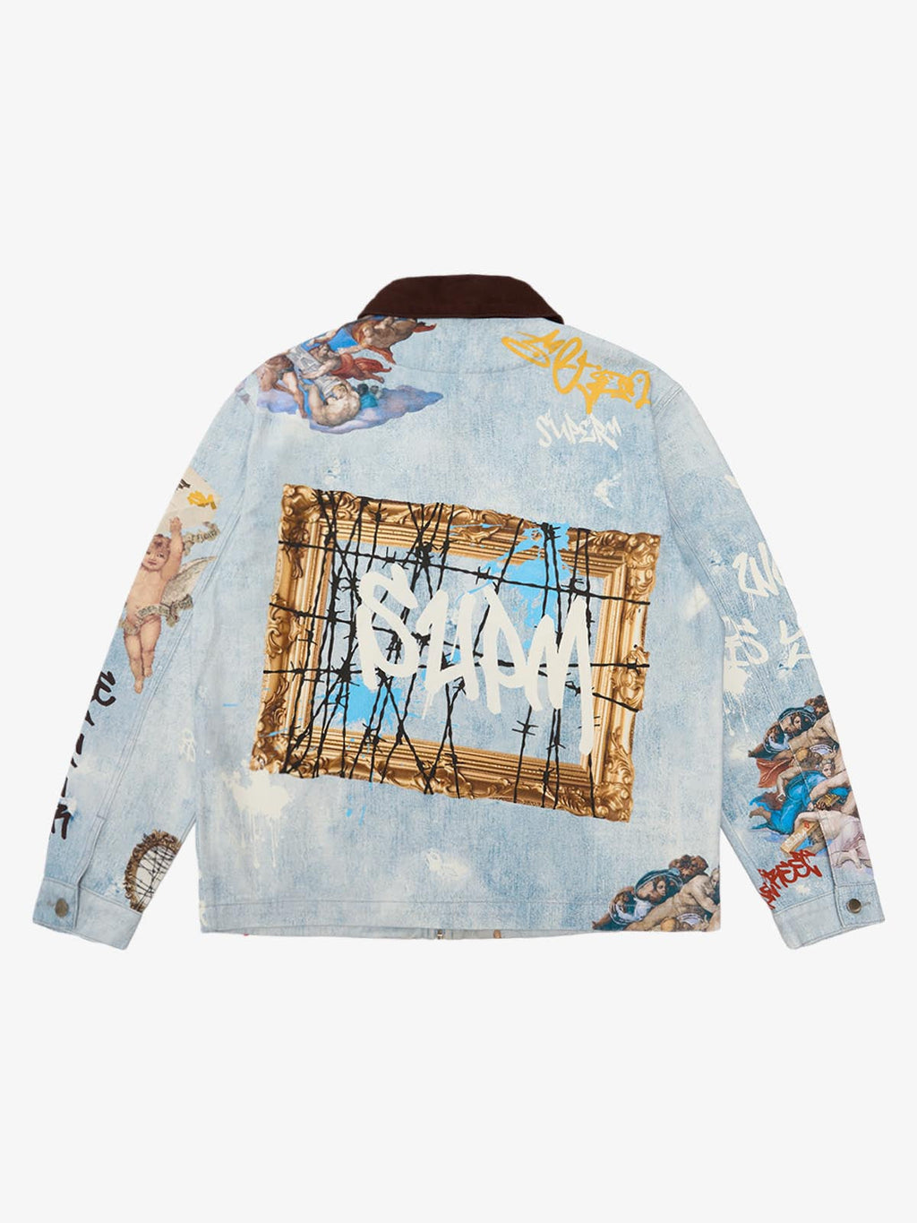Artistic Patches Graphic  Distressed Denim Jacket