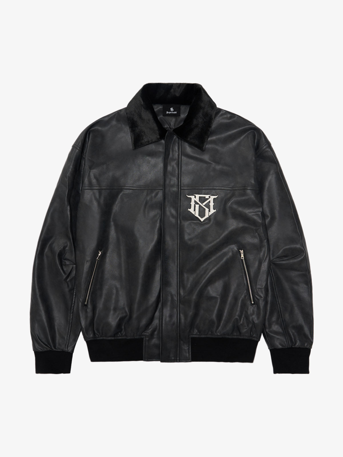 SUPM Fur Collar Rhinestone Pattern Leather Jacket