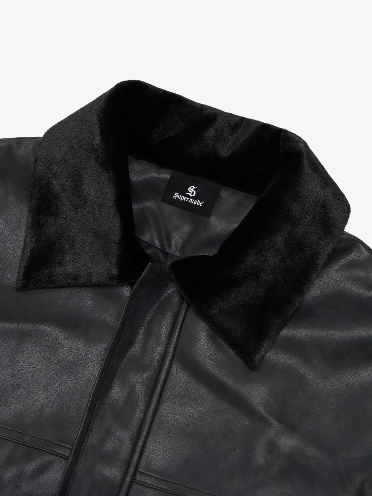 SUPM Fur Collar Rhinestone Pattern Leather Jacket