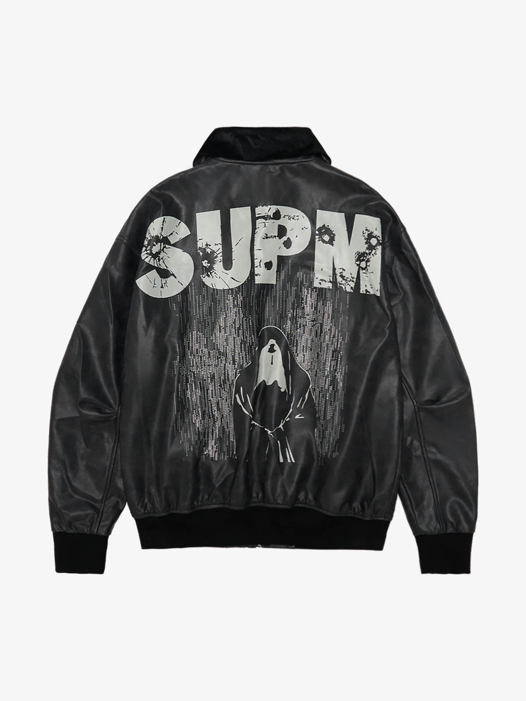 SUPM Fur Collar Rhinestone Pattern Leather Jacket