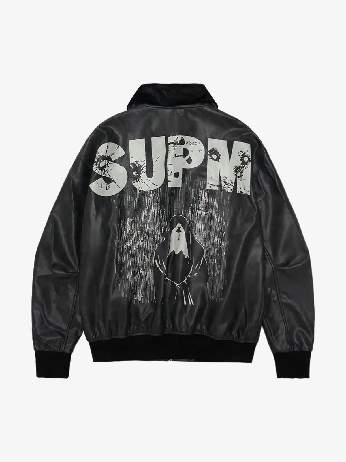 SUPM Fur Collar Rhinestone Pattern Leather Jacket