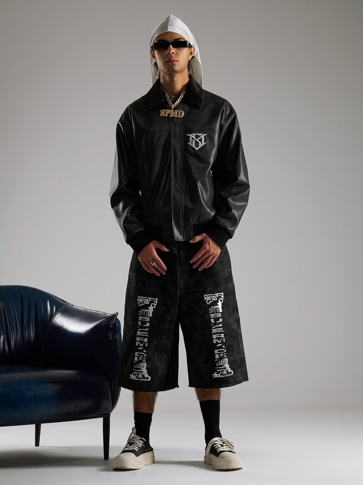 SUPM Fur Collar Rhinestone Pattern Leather Jacket