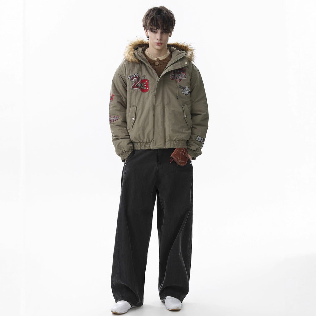 Retro Badge Embroidered Fur Collar Bomber Jacket