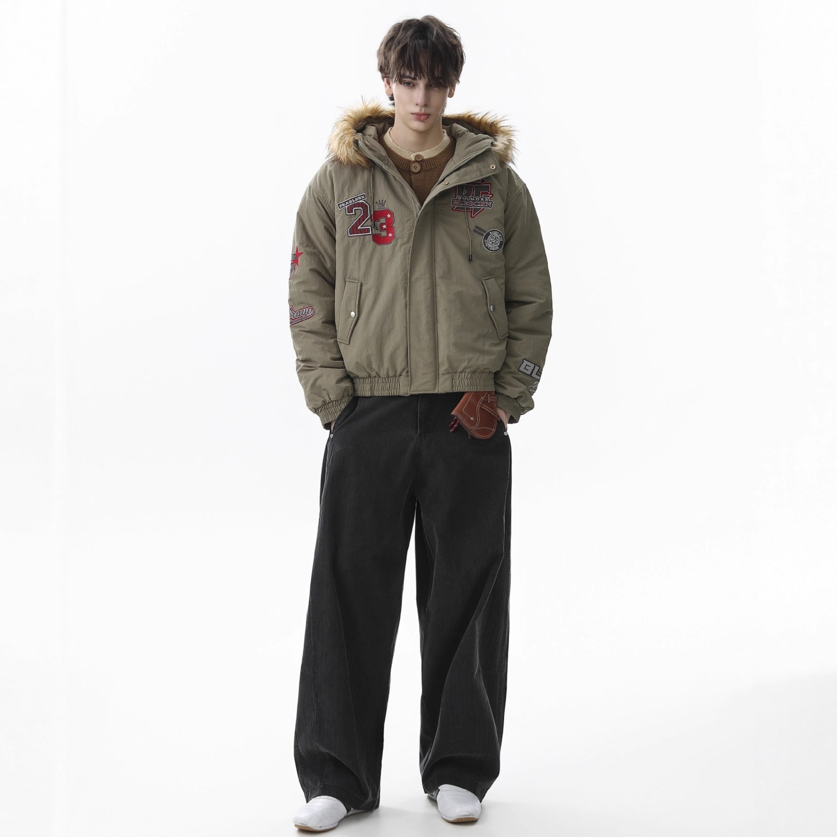 Retro Badge Embroidered Fur Collar Bomber Jacket