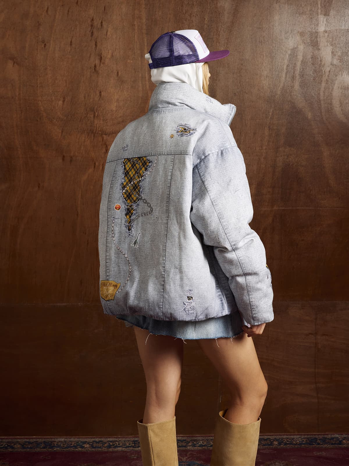 Street Illusion Denim Print Stand Collar Padded Cotton Jacket