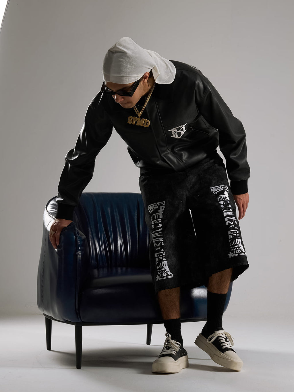 SUPM Fur Collar Rhinestone Pattern Leather Jacket