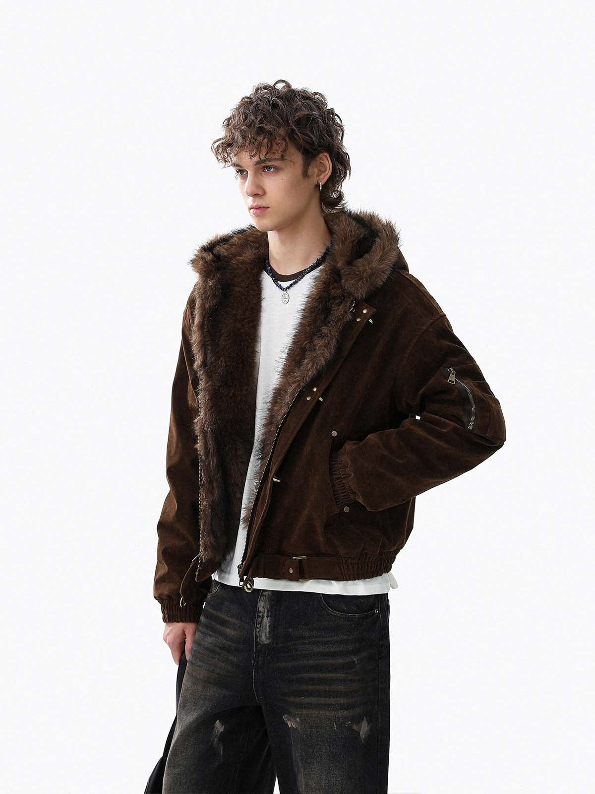 Streetwear Metal Clip Faux Fur Hooded Suede Bomber Jacket