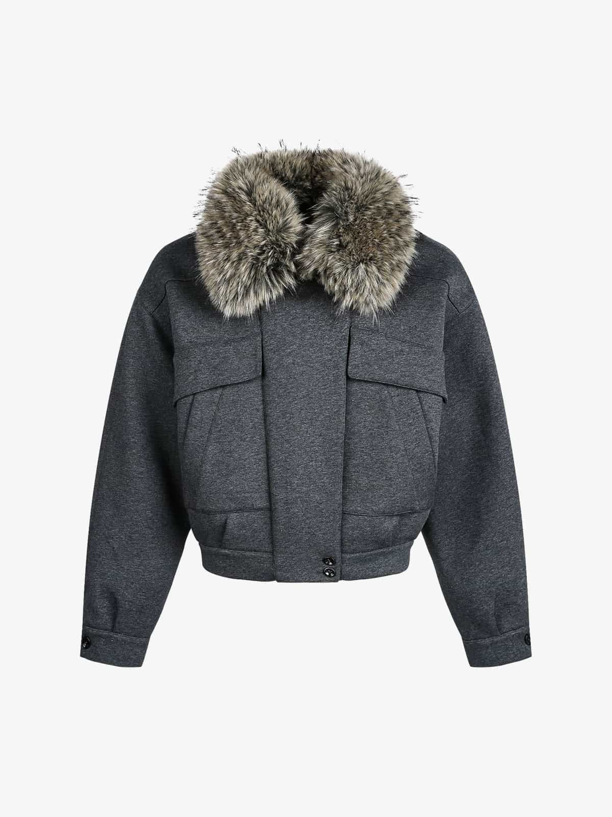 Retro Detachable Faux Fur Collar Washed Bomber Jacket