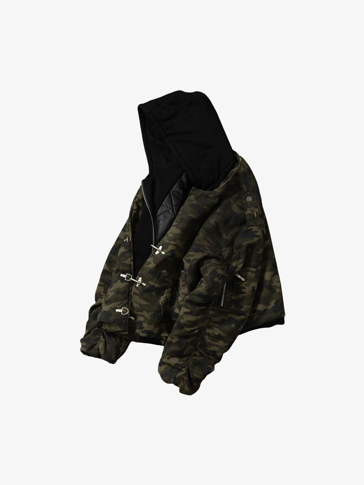 Retro Camouflage Faux Layered Metal Buckle Padded Jacket