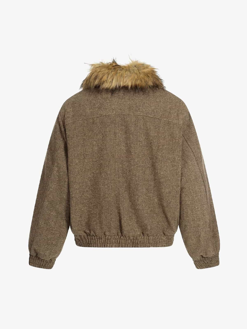 Retro Faux Fur Collar Wool Textured Zip Up Bomber Jacket