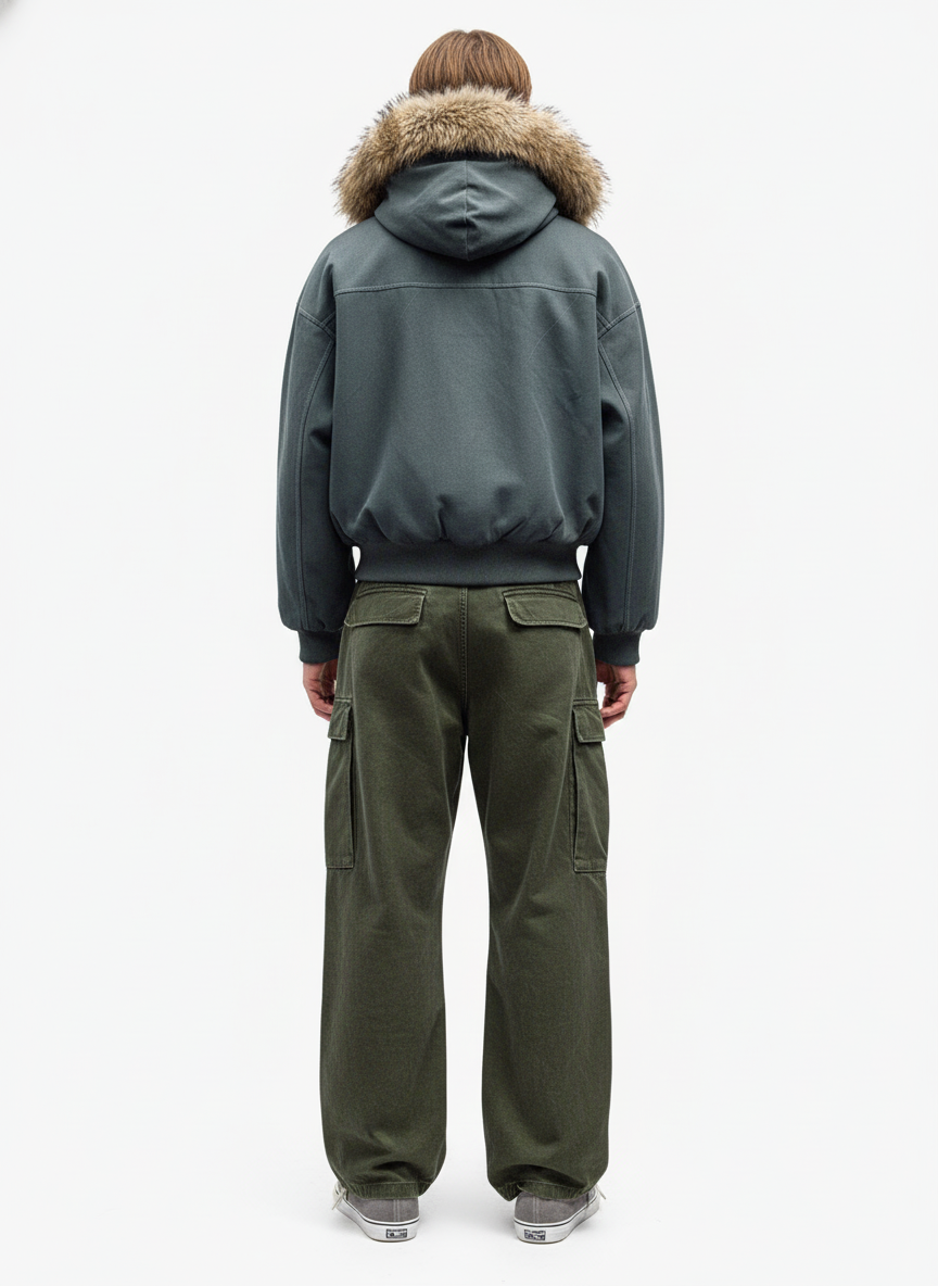 Faux Fur Lined Zip Up Hooded Bomber Jacket