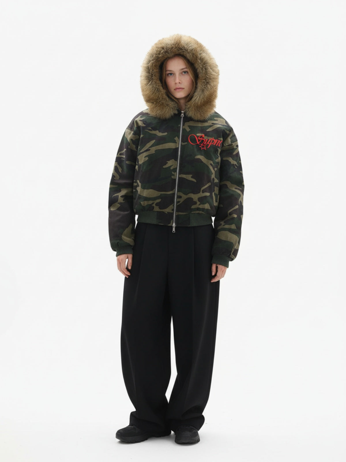 Embroidered Detachable Fur Hooded Jacket - 2546