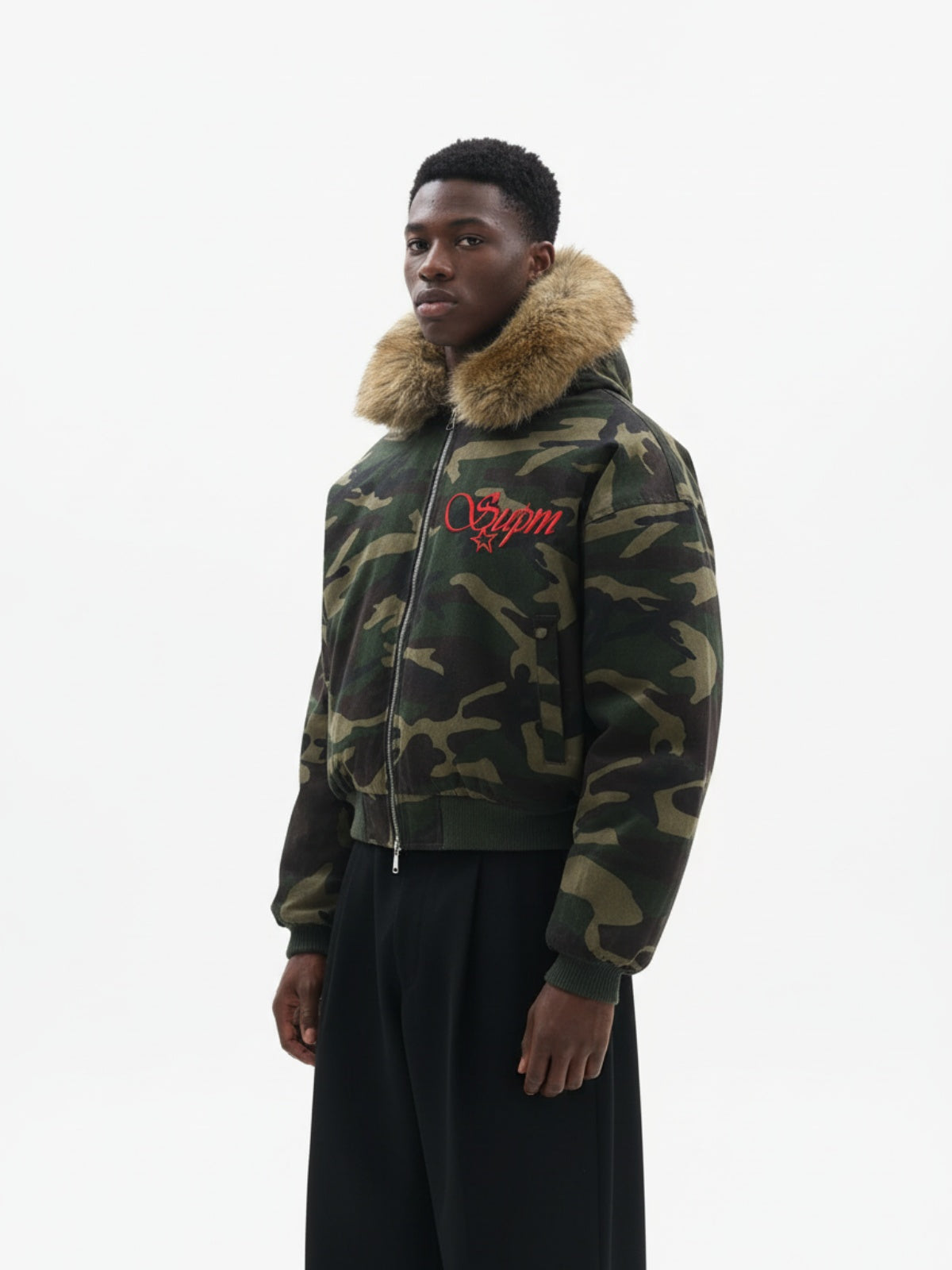 Embroidered Detachable Fur Hooded Jacket - 2546