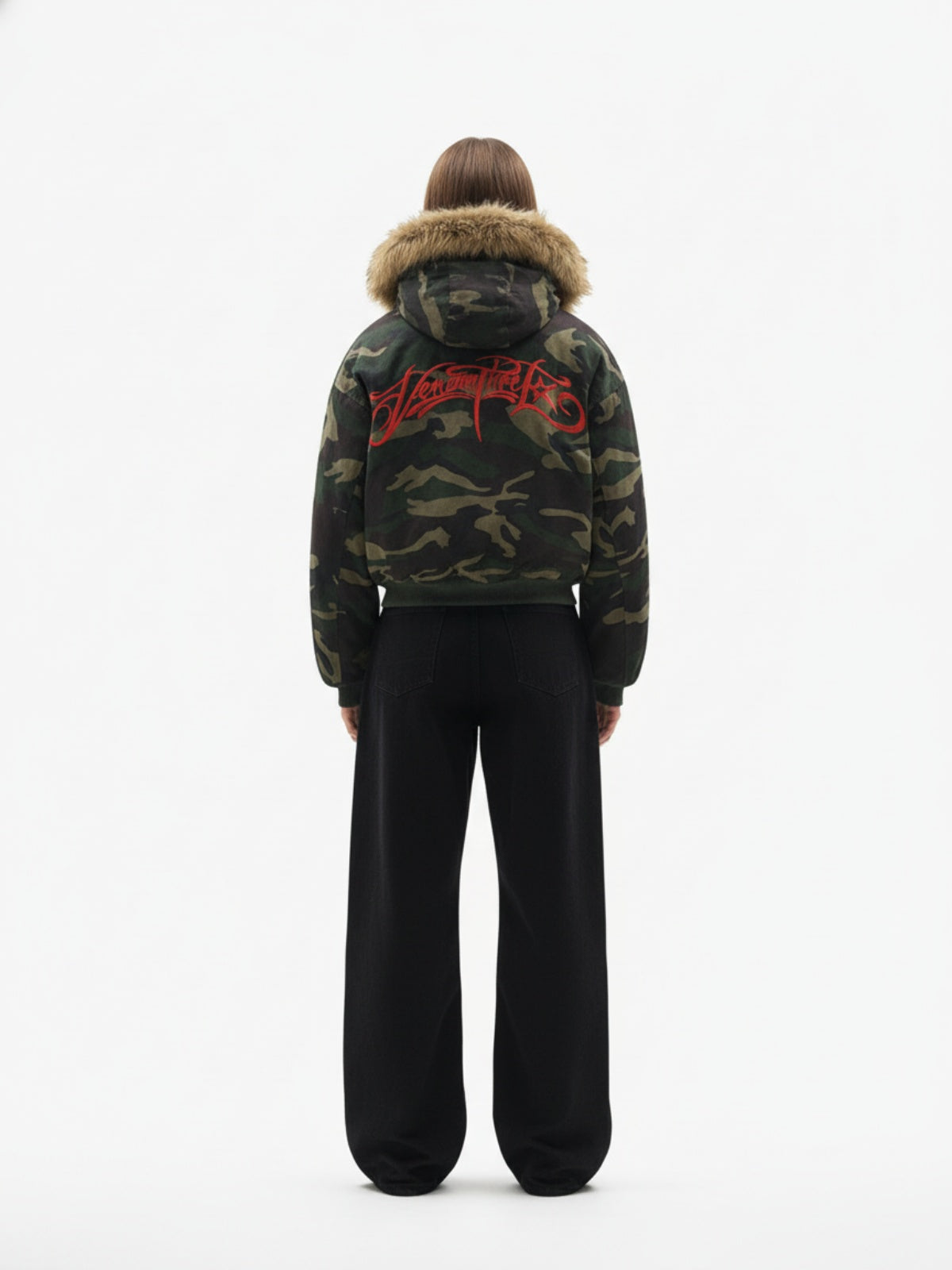 Embroidered Detachable Fur Hooded Jacket - 2546