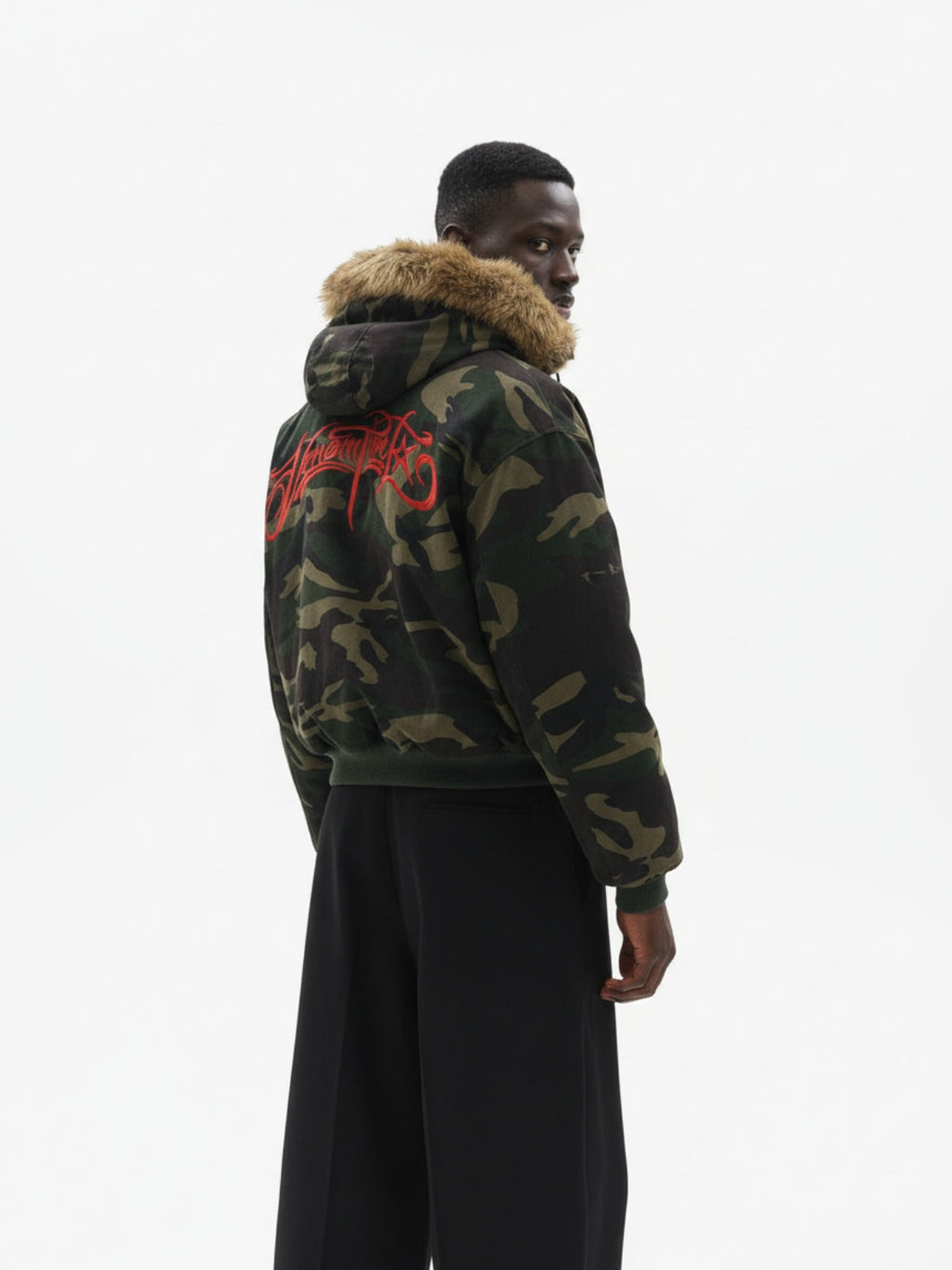 Embroidered Detachable Fur Hooded Jacket - 2546