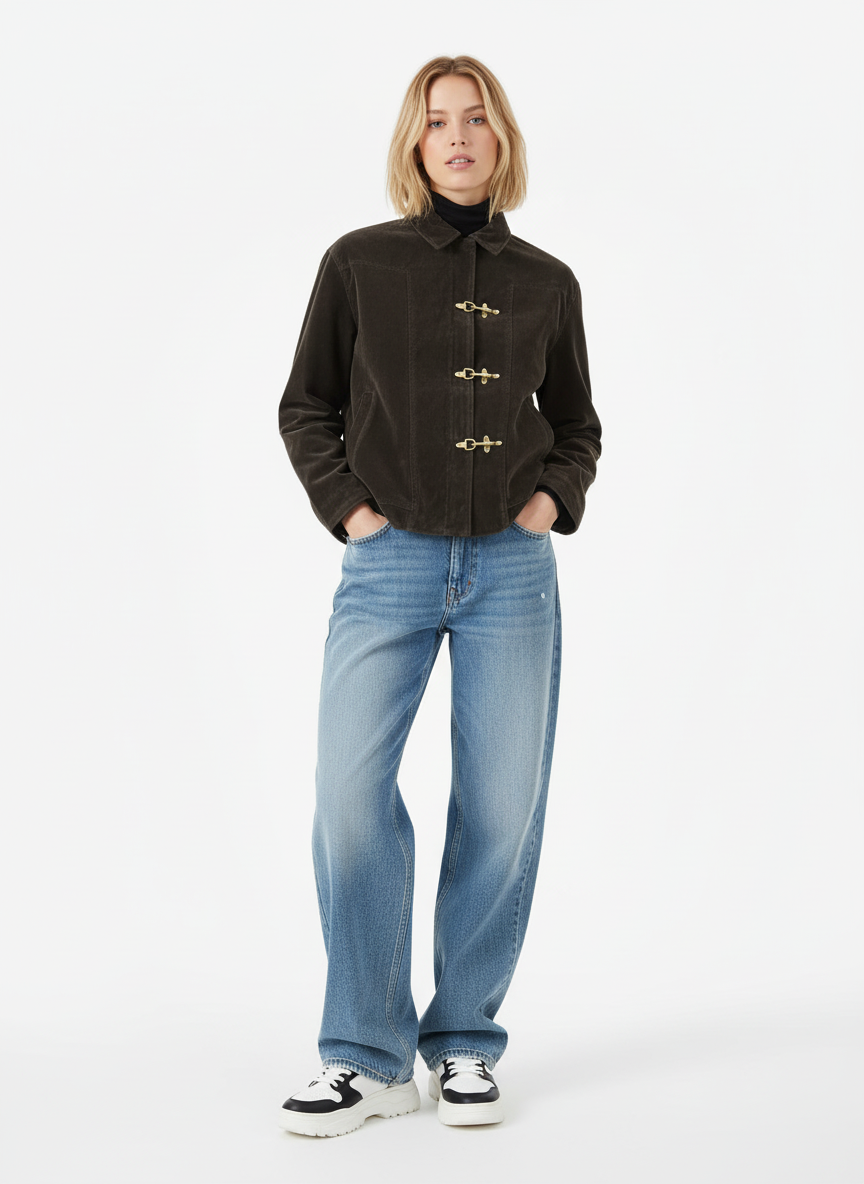 Retro Unique Metal Button Suede Lapel Bomber Jacket - 2538