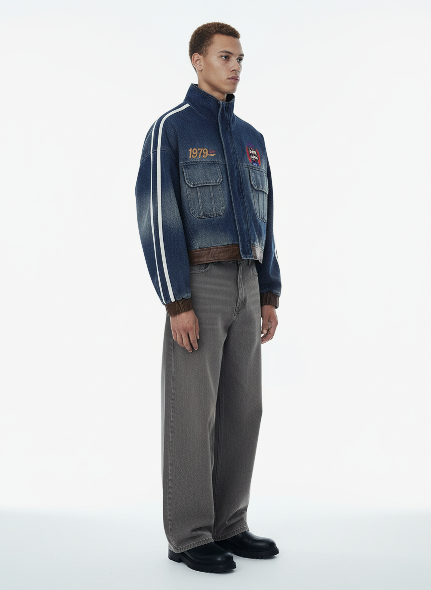 Retro Badge Embroidered Cropped Denim Jacket