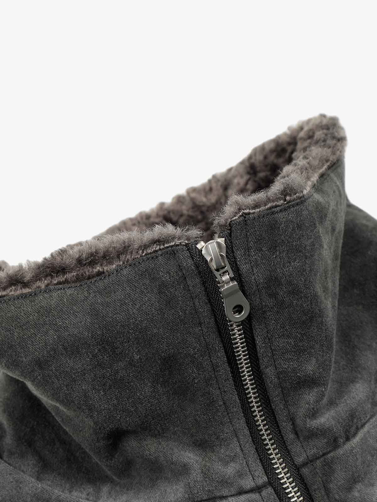 Vintage Distressed Pleated Shearling Collar Fleece Jacket