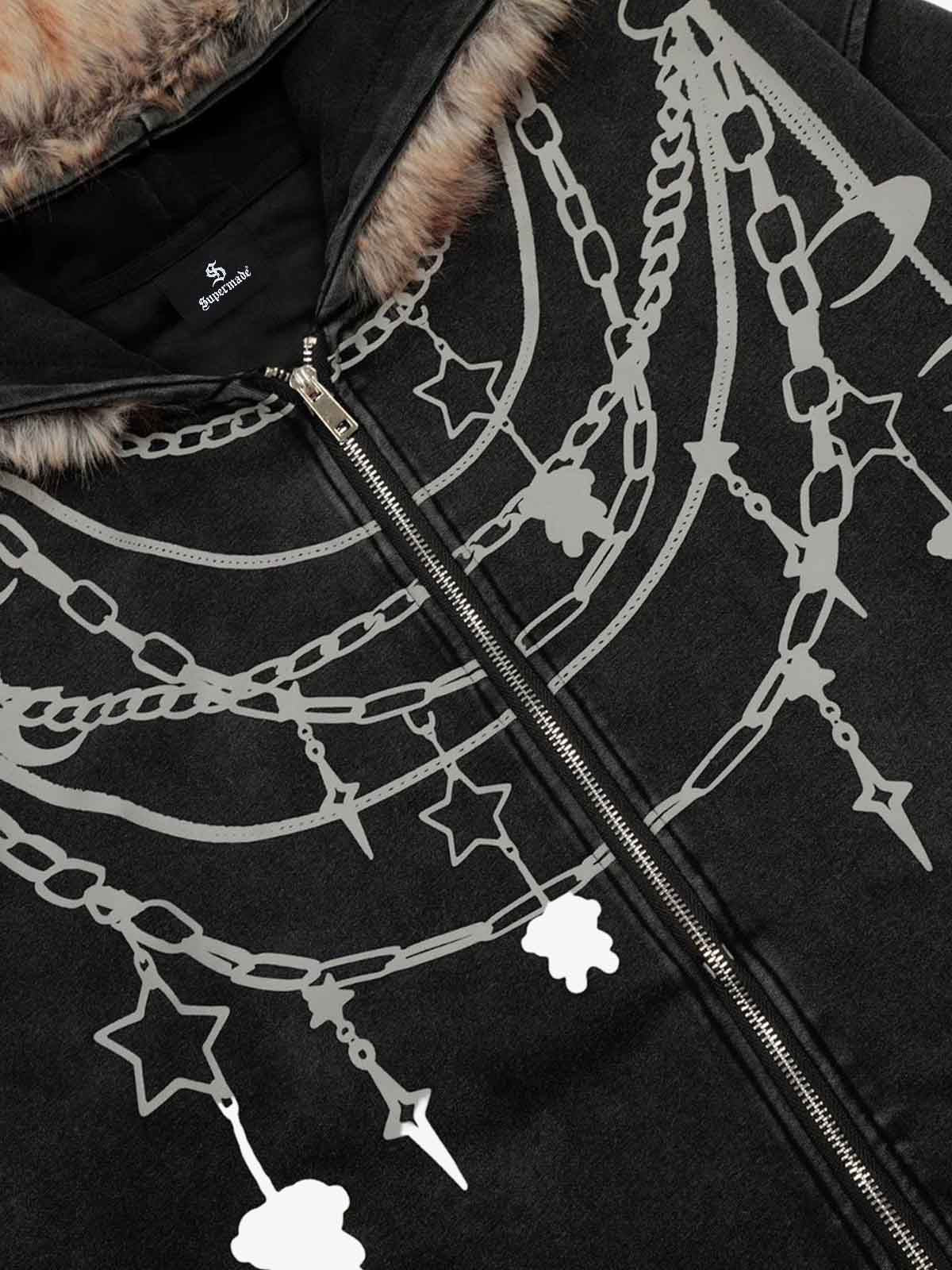 Retro Chain-Decorated Washed Fur Collar Hooded Jacket