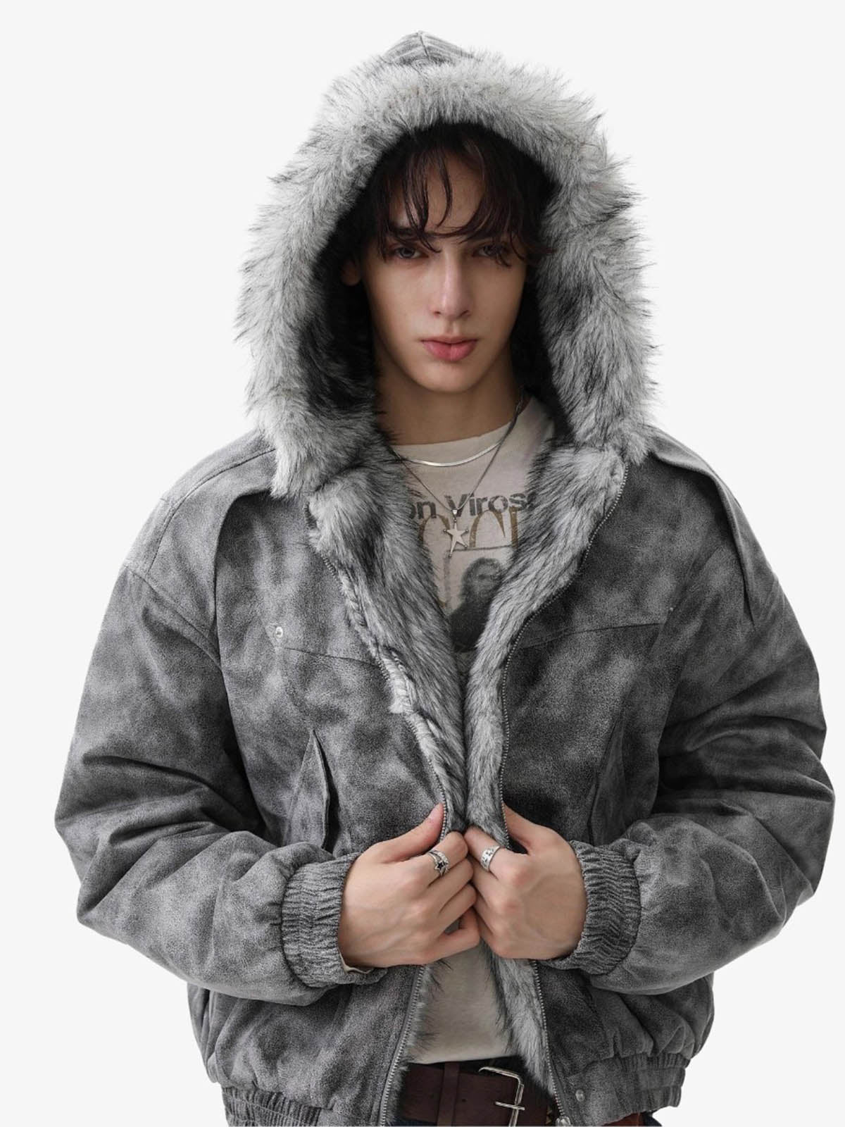 Faux Suede Vintage Wash Fur Hood Padded Jacket
