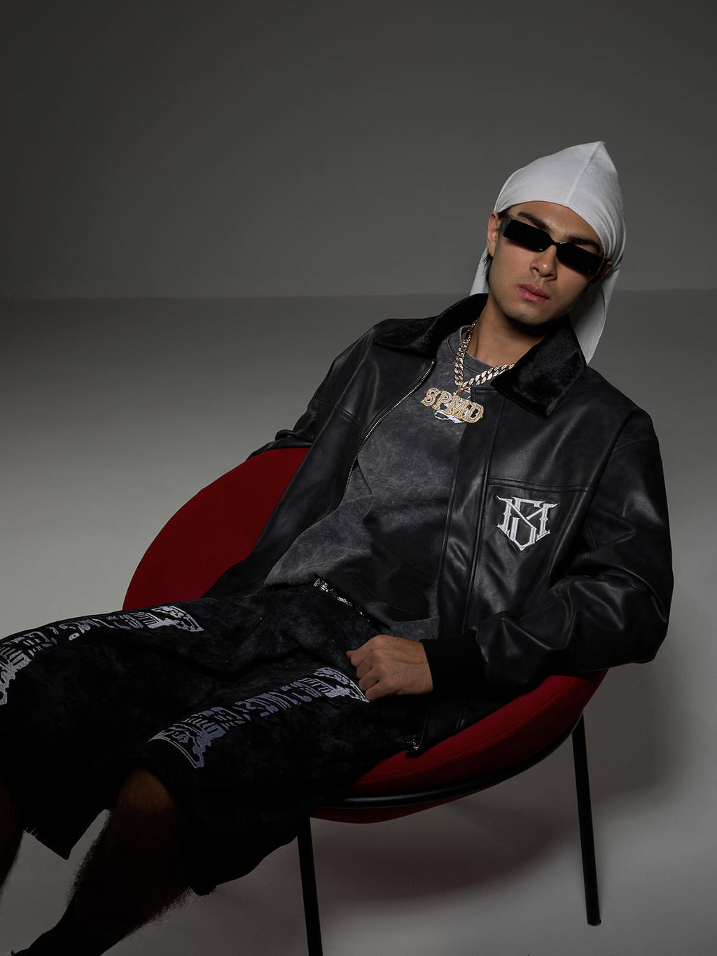 SUPM Fur Collar Rhinestone Pattern Leather Jacket