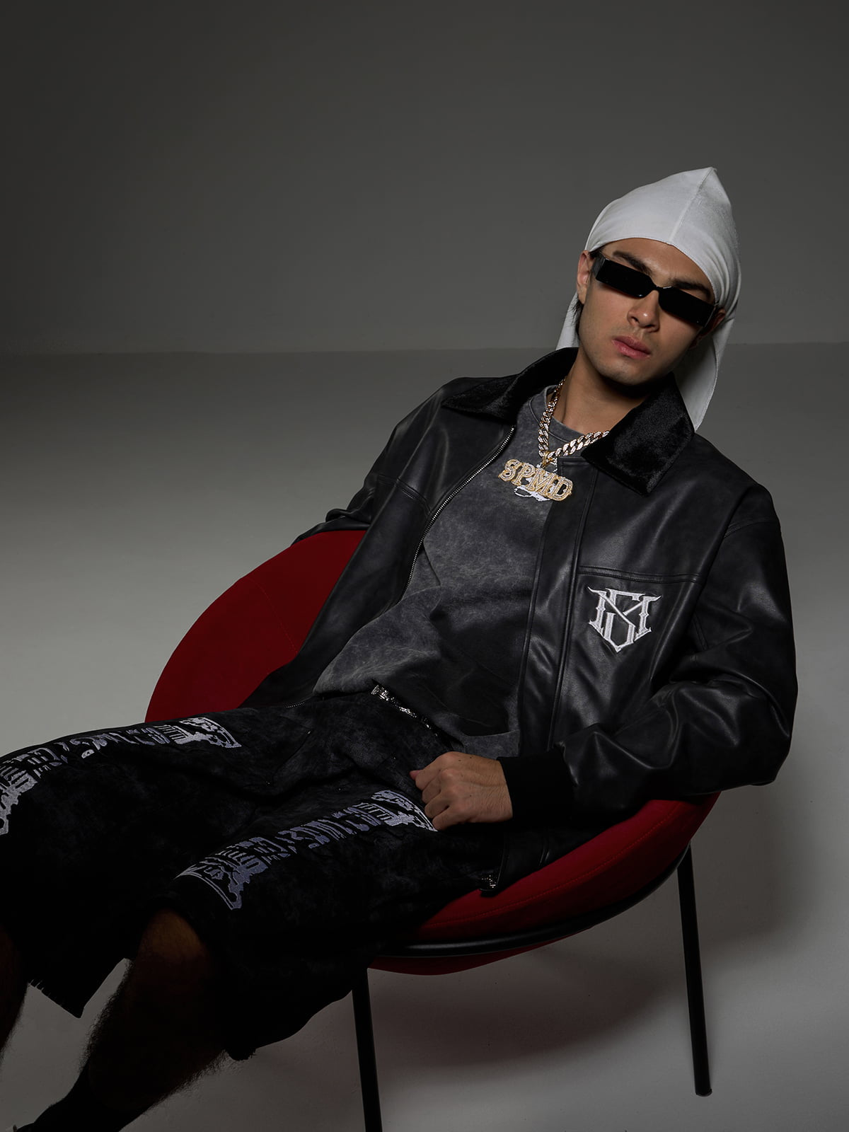 SUPM Fur Collar Rhinestone Pattern Leather Jacket