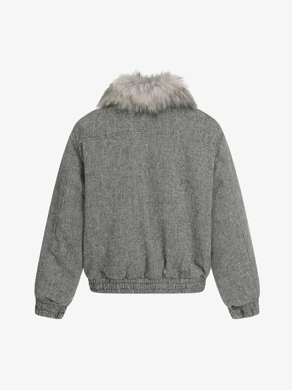 Retro Faux Fur Collar Wool Textured Zip Up Bomber Jacket