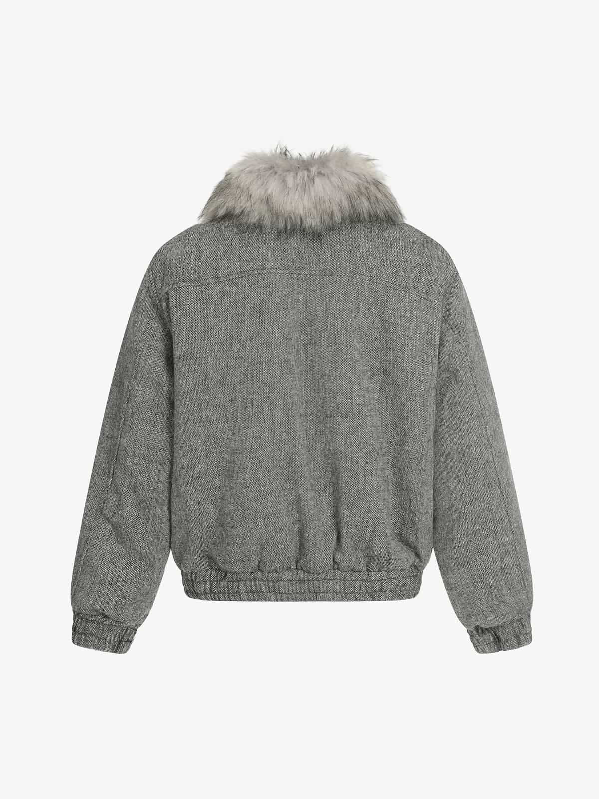 Retro Faux Fur Collar Wool Textured Zip Up Bomber Jacket