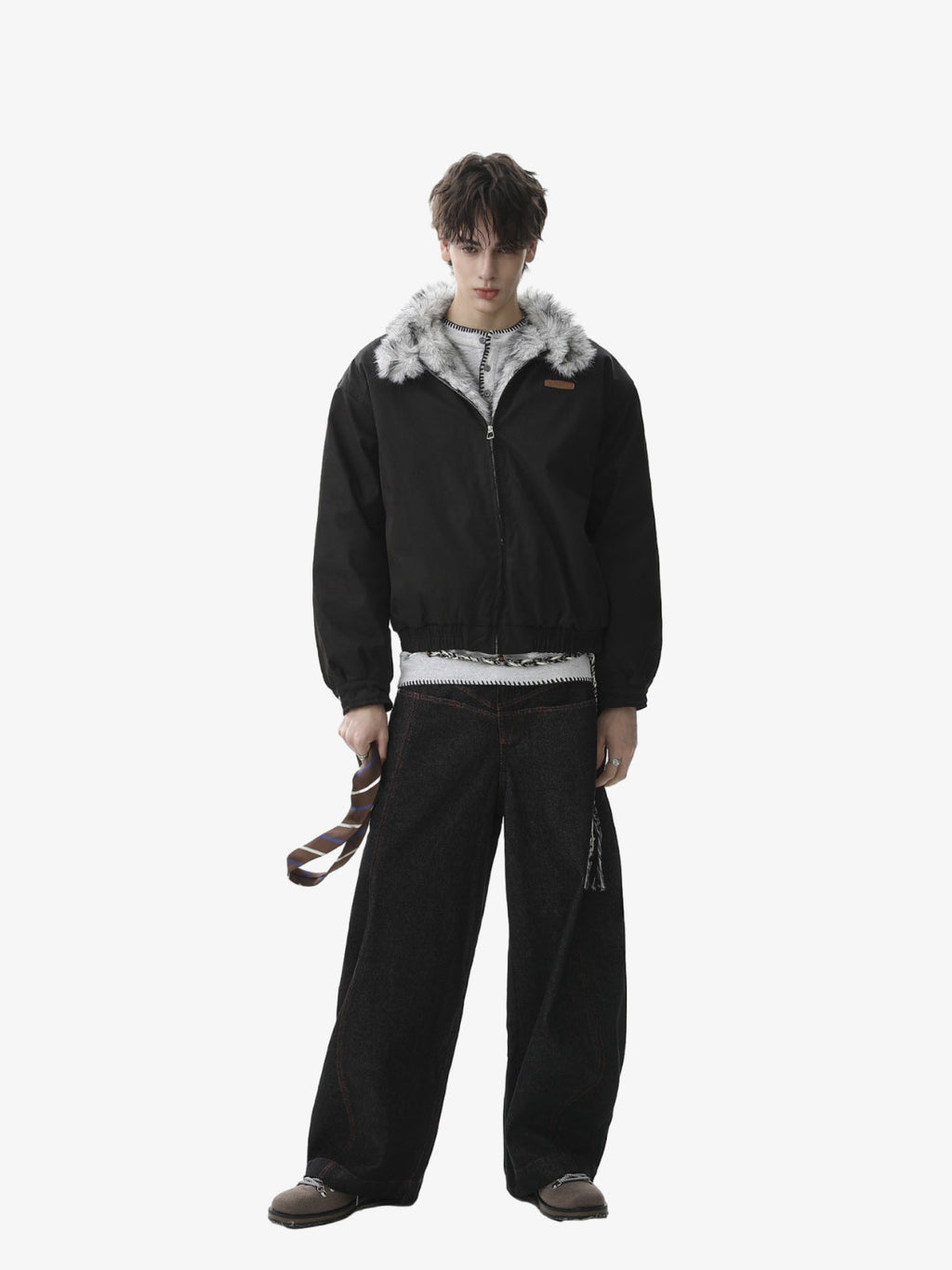 Vintage Stand Collar Fur Lined Bomber Jacket