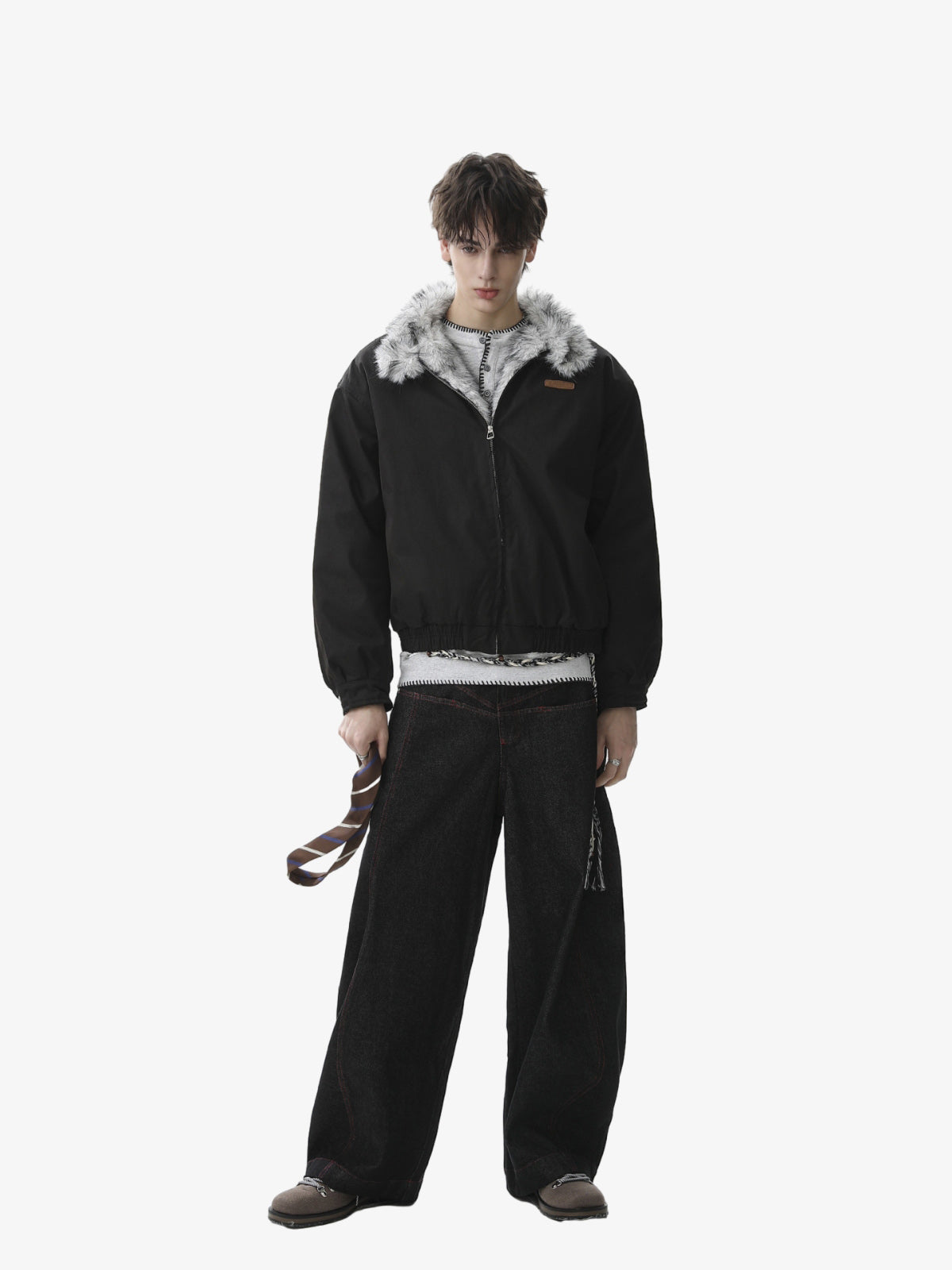 Vintage Stand Collar Fur Lined Bomber Jacket