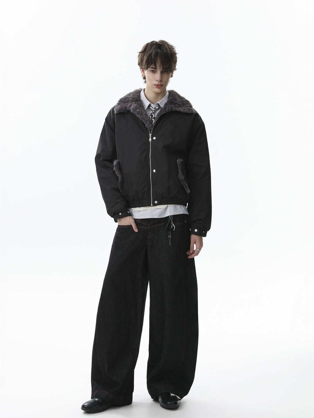 Faux Fur Collar Zipper Padded Bomber Jacket