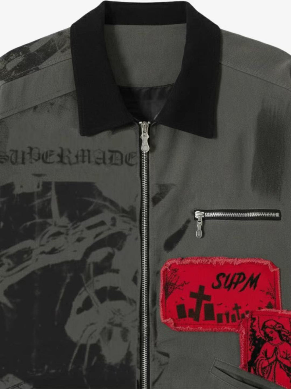 Retro Patchwork And Graphic Print Gothic Zipper Jacket