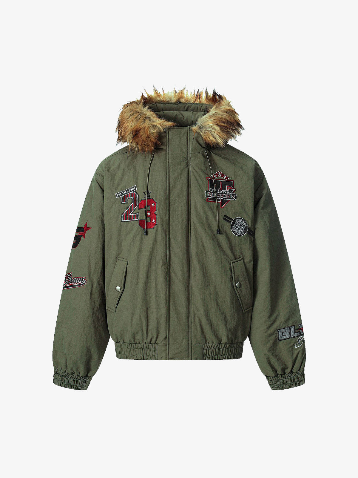 Retro Badge Embroidered Fur Collar Bomber Jacket