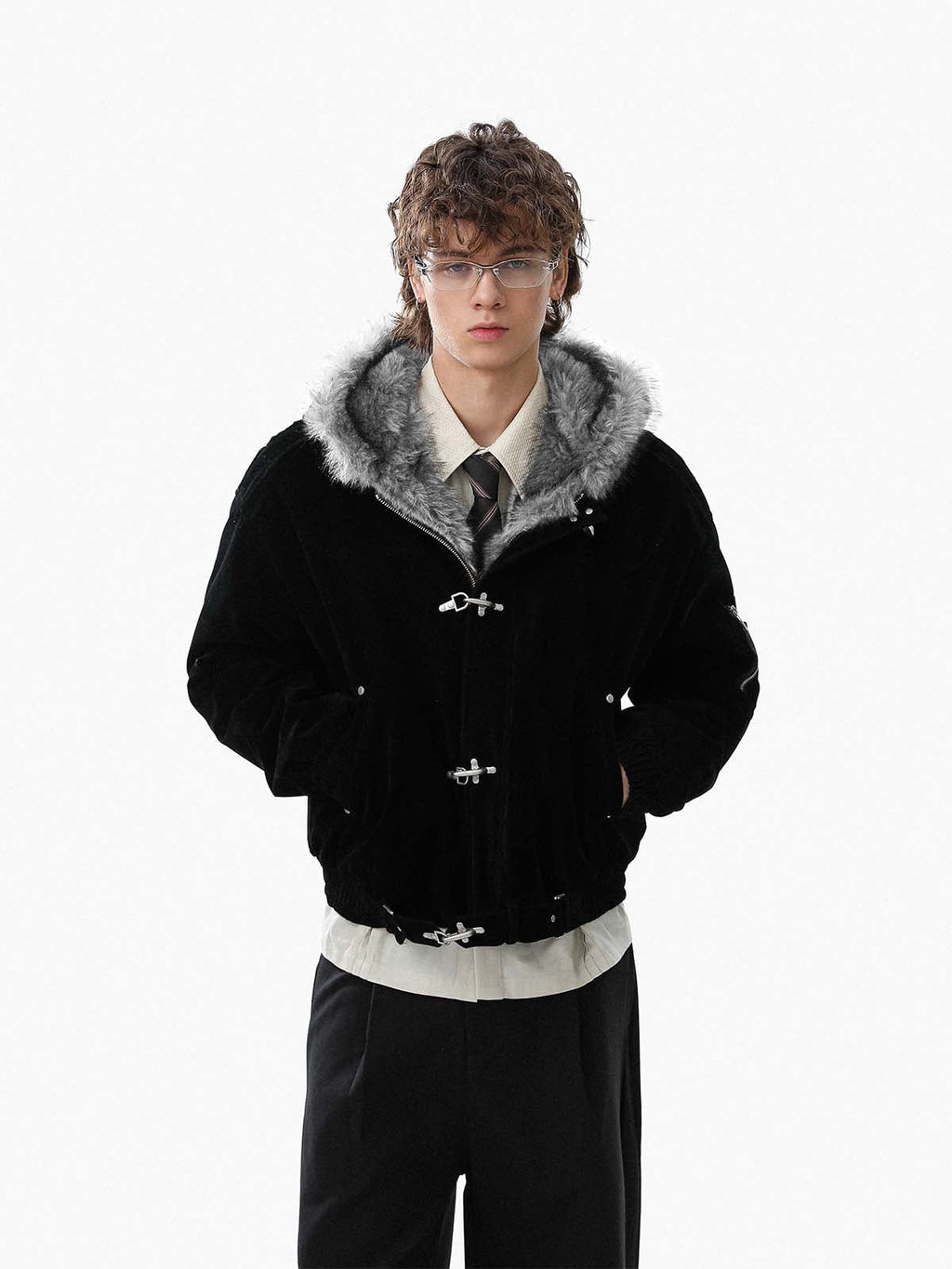 Streetwear Metal Clip Faux Fur Hooded Suede Bomber Jacket