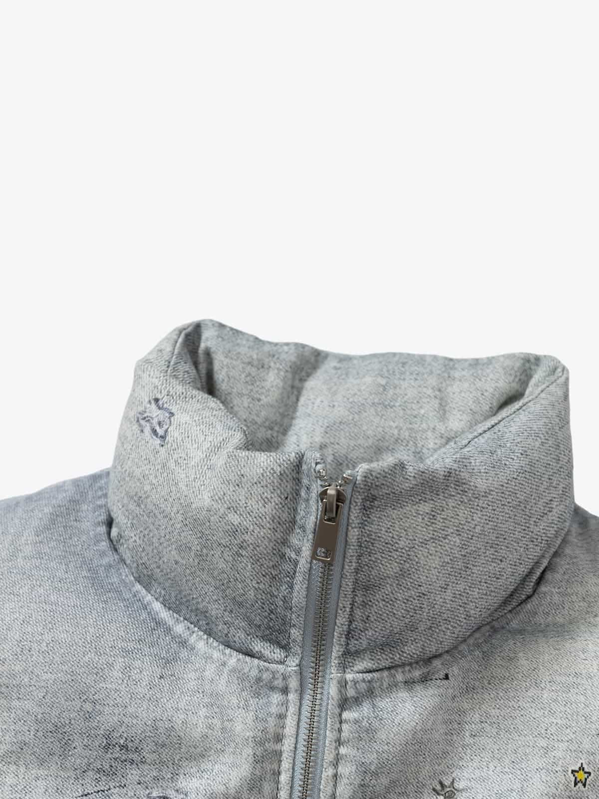 Street Illusion Denim Print Stand Collar Padded Cotton Jacket