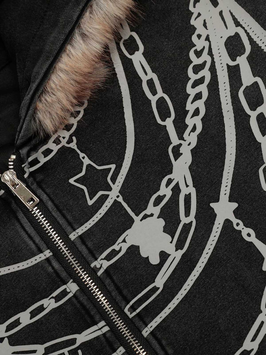 Retro Chain-Decorated Washed Fur Collar Hooded Jacket