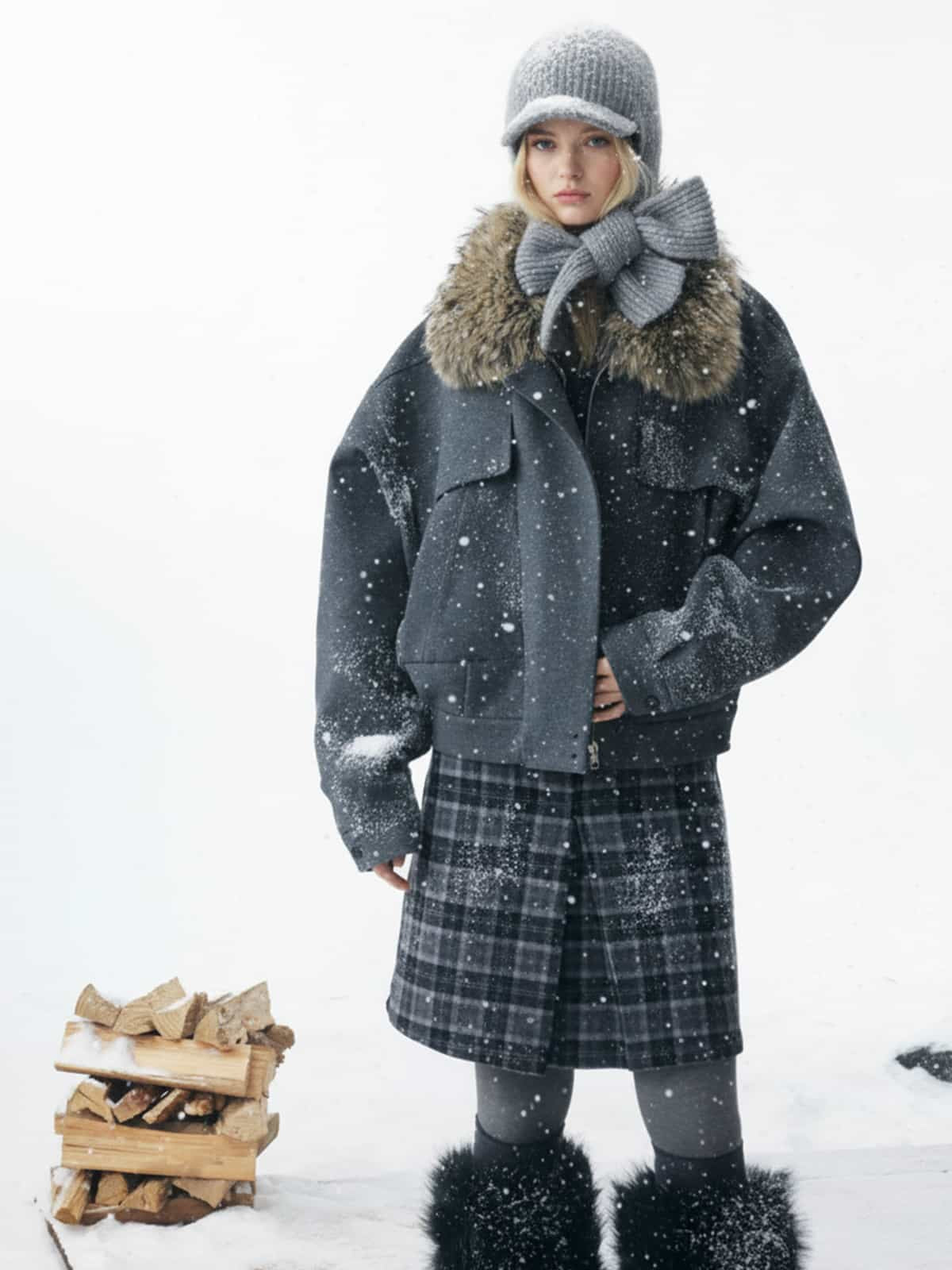 Retro Detachable Faux Fur Collar Washed Bomber Jacket