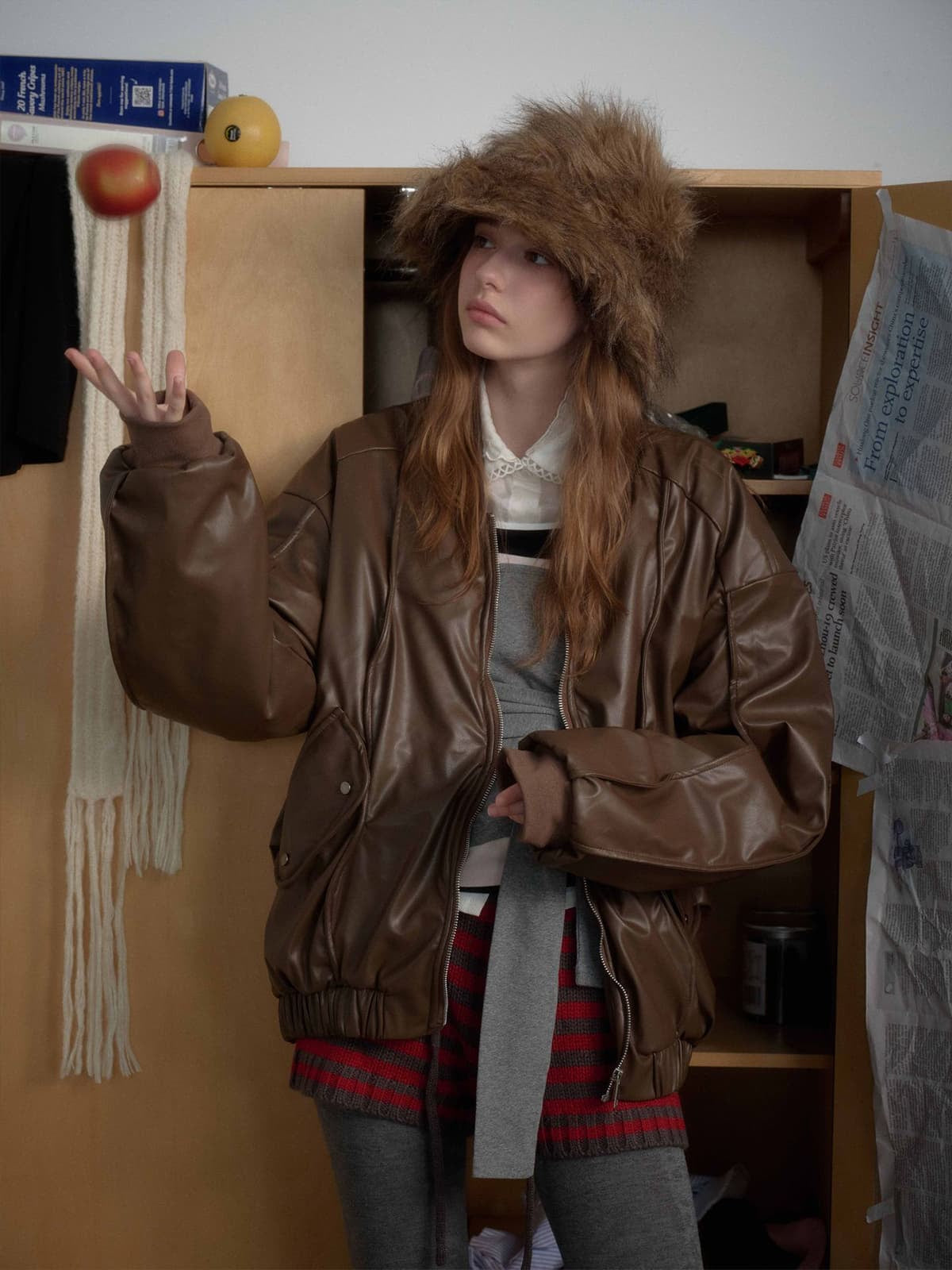 Retro Brown Faux Leather Zip-Up Bomber Jacket