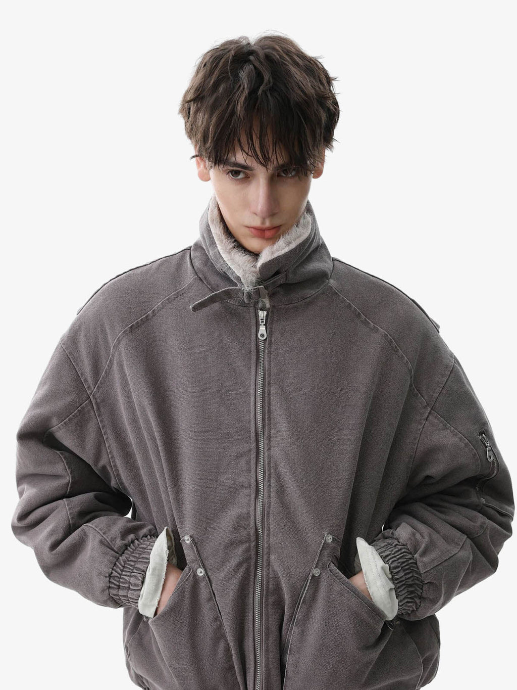 Pocket Zip Up Fur Collar Work Quilted Jacket